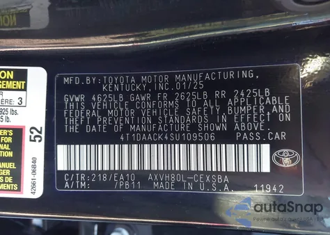 2025 Toyota Camry Se из США, поврежденный, VIN 4T1DAACK4SU109506